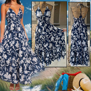 Petal & Pup Coralie Halter Floral Navy Peony Maxi Dress Size L